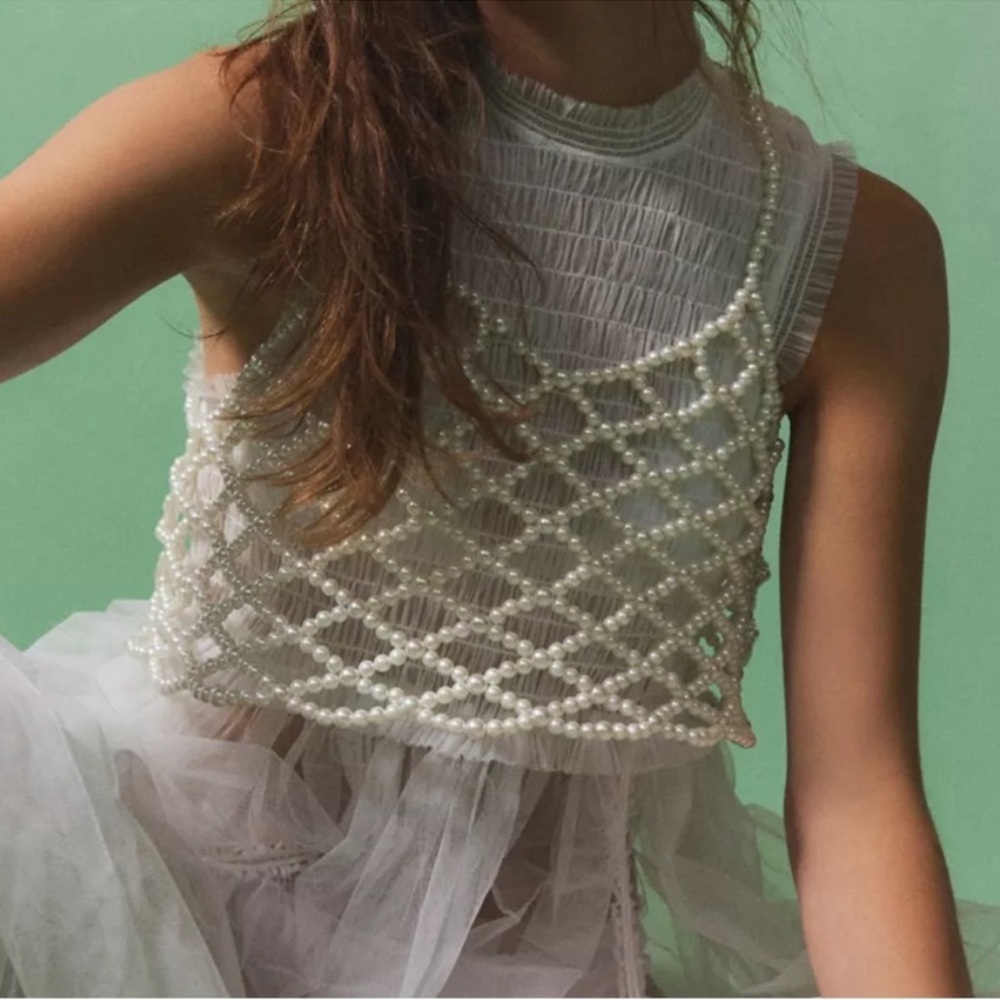 Urban Outfitters White Pearl Mesh Crop Top
